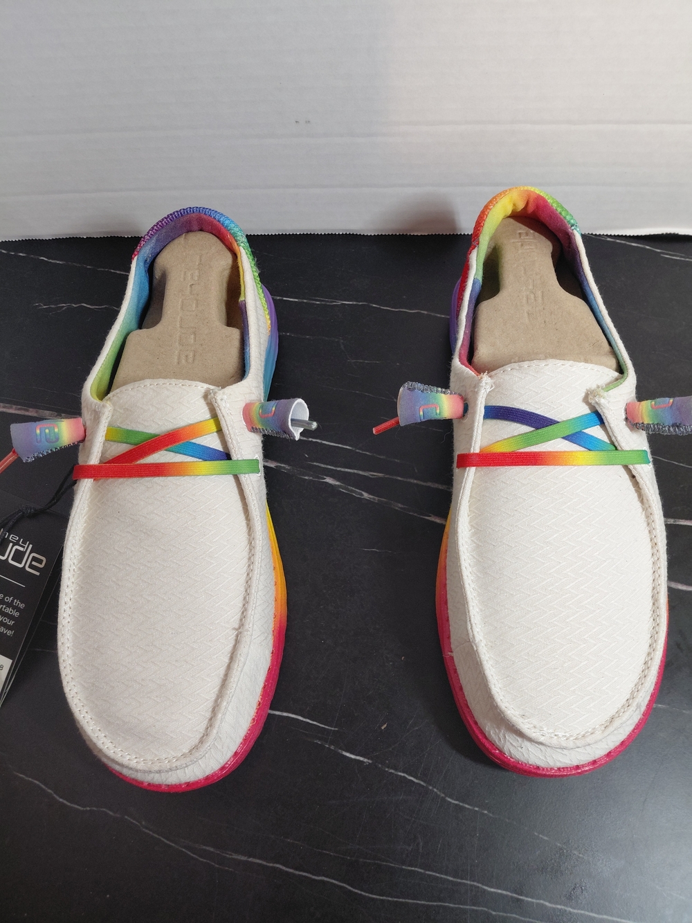 Hey Dude Woman White Canvas Slip-On Shoes with Rainbow Trim